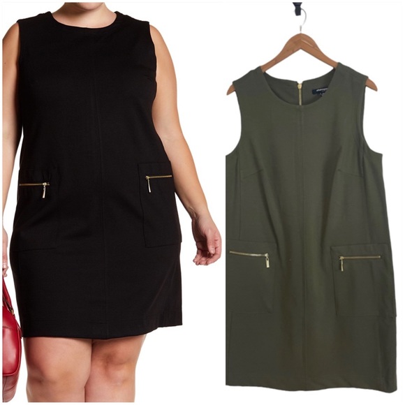Sharagano Green Sheath Dress with Exposed Zippers on Front Pockets and down Back - Picture 6 of 7